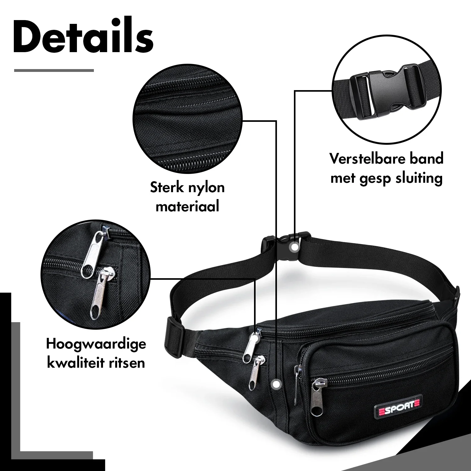 Heuptasje Dames / Heren - Fanny Pack - Buideltasje Nylon - Lichtgewicht - 6 vakken - Afbeelding 4