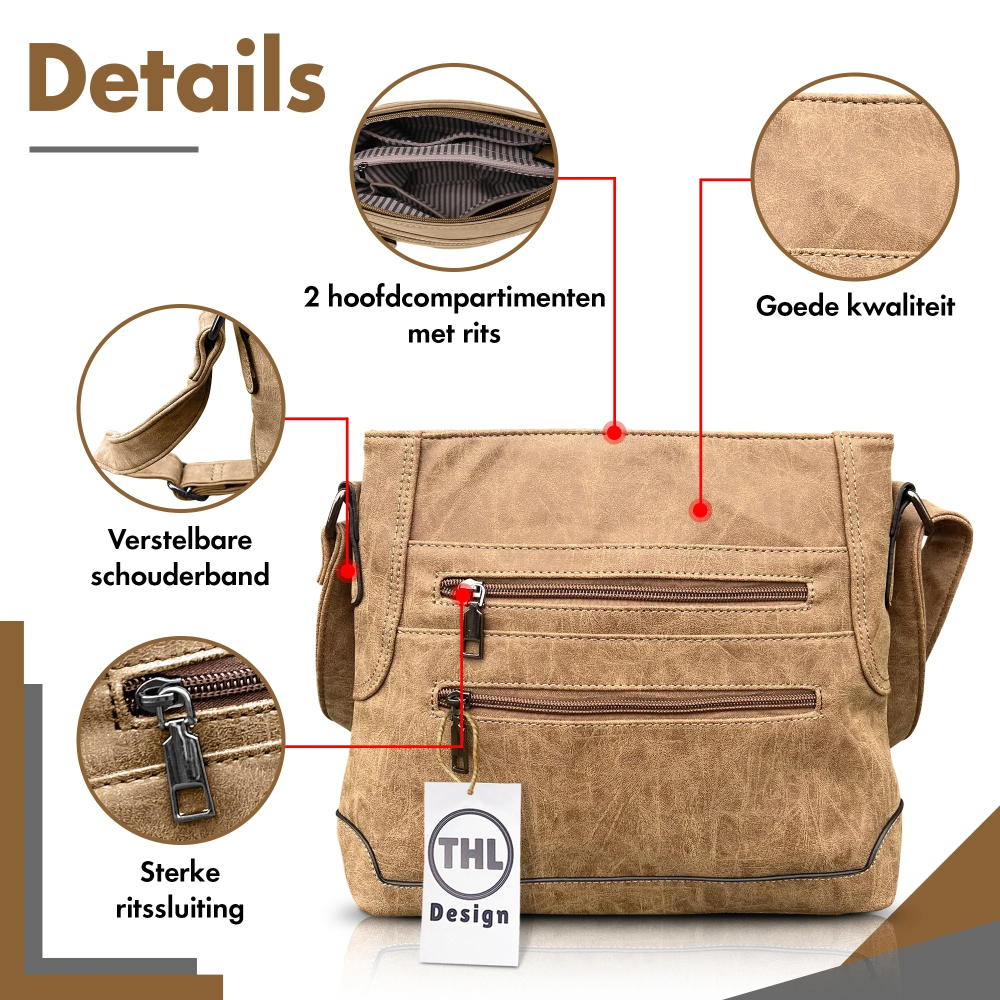 THL Design - Dames schoudertas - Plat Model - Tussenmaat - Veel Vakken - Bruin - Afbeelding 4