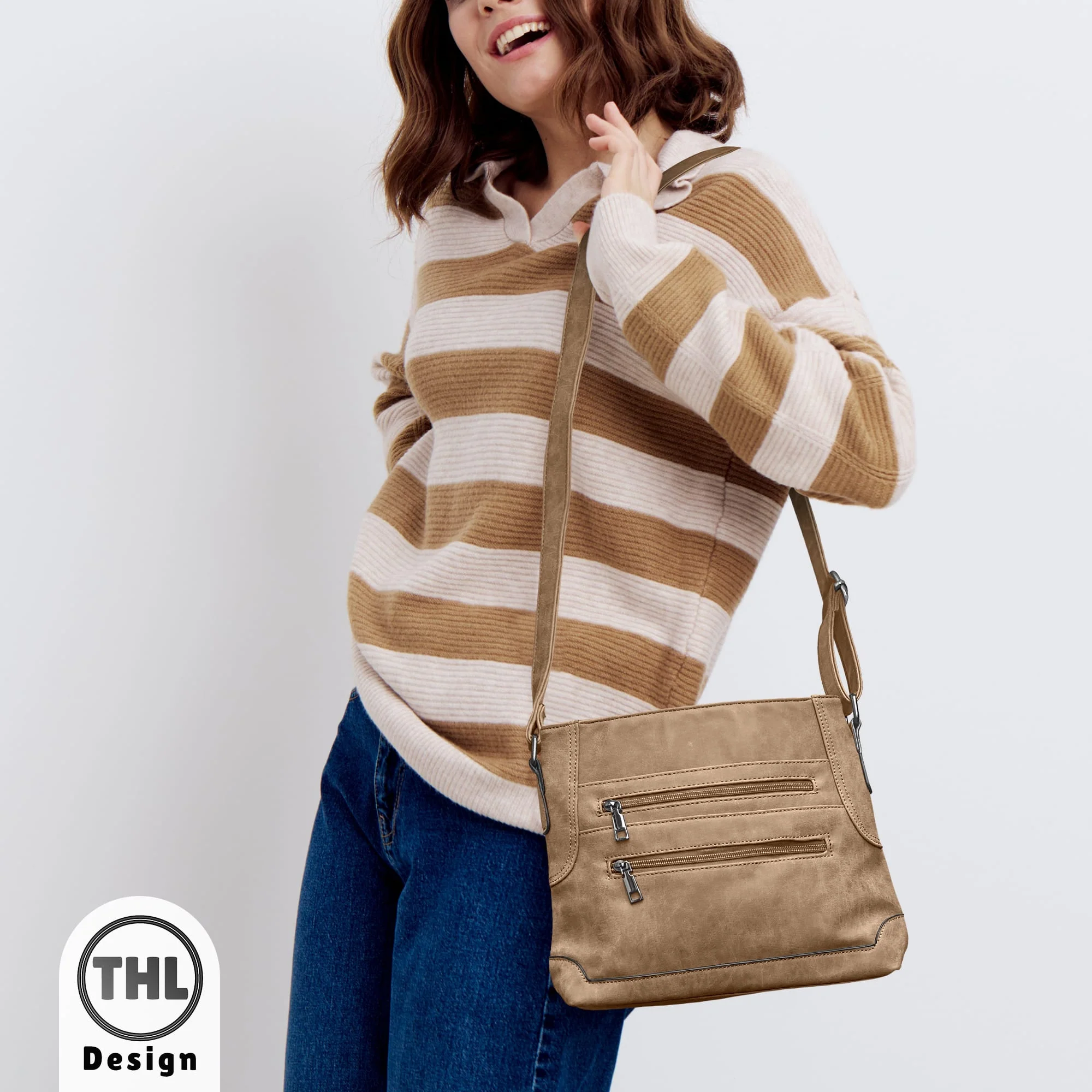 THL Design - Dames schoudertas - Plat Model - Tussenmaat - Veel Vakken - Bruin - Afbeelding 3